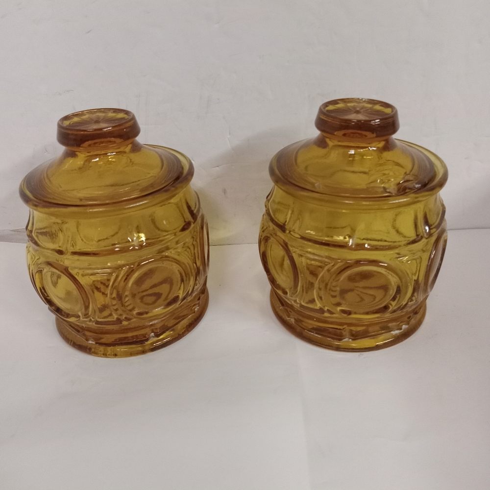 Vintage Wheaton Amber Glass Jars with Lids 3D Bullseye design Decorative